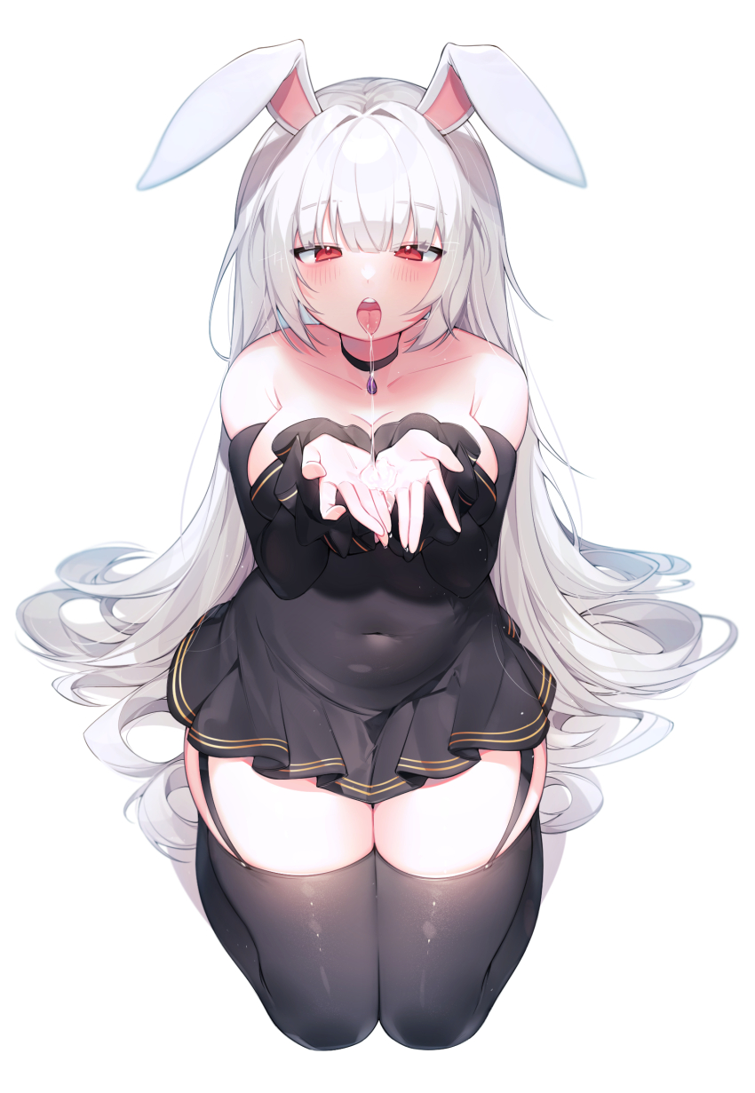 1girl animal_ears bare_shoulders black_choker black_dress black_gloves black_thighhighs blunt_bangs blush breasts choker collarbone commission covered_navel cupping_hands dress drooling elbow_gloves full_body garter_straps gloves hair_spread_out half-closed_eyes hands_up highres long_hair looking_at_viewer medium_breasts open_mouth original own_hands_together pendant_choker pleated_dress rabbit_ears red_eyes saliva saliva_pool seiza sen_light short_dress simple_background sitting skindentation solo straight-on strapless strapless_dress teeth thighhighs tongue upper_teeth_only very_long_hair white_background white_hair