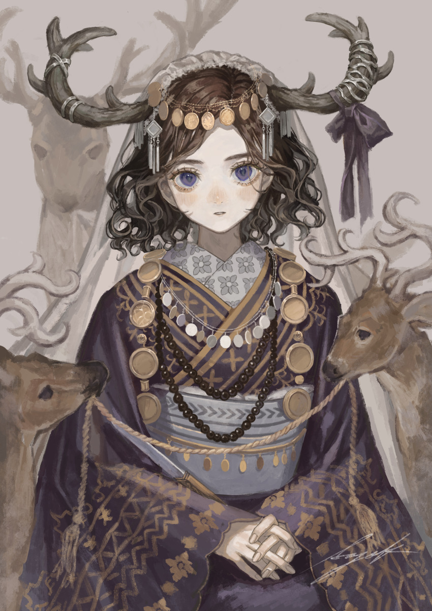 1girl absurdres animal_hood antlers blue_bow blue_eyes blue_kimono bow brown_hair curly_hair deer deer_antlers deer_girl grey_background hair_ornament highres hood horns japanese_clothes jewelry kimono light_blush long_sleeves looking_at_viewer medium_hair necklace original own_hands_together pale_skin parted_bangs parted_lips patterned_clothing rope sayoko_(sayosny2) serious signature simple_background sitting solo straight-on upper_body wide_sleeves