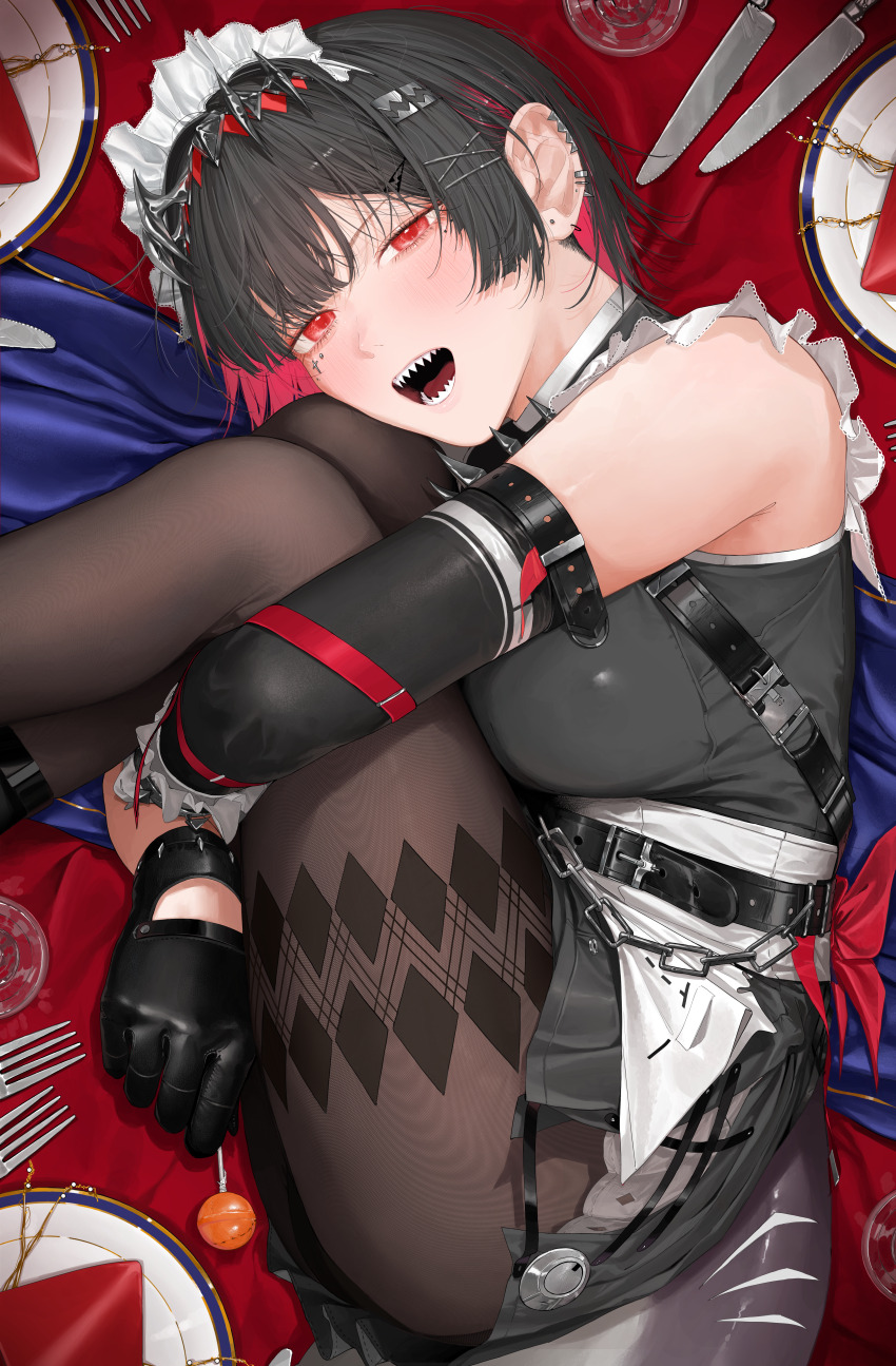 1girl absurdres bare_shoulders black_gloves black_hair blush brown_pantyhose candy clothing_cutout colored_inner_hair cup detached_sleeves drinking_glass earrings ellen_joe fins fish_tail food fork frilled_wristband from_side glove_cutout gloves hairband highres holding holding_candy holding_food holding_lollipop jewelry knees_to_chest knife lollipop looking_at_viewer lying maid maid_headdress metal_hairband mole mole_under_eye multicolored_hair on_side on_table open_mouth pantyhose patterned_legwear plate razor_blade_hair_ornament red_background red_eyes red_ribbon ribbon scar scar_on_tail shark_girl shark_tail sharp_teeth short_hair solo spiked_headband table tablecloth tail tarutaru_(ryousuke) teeth utensil zenless_zone_zero
