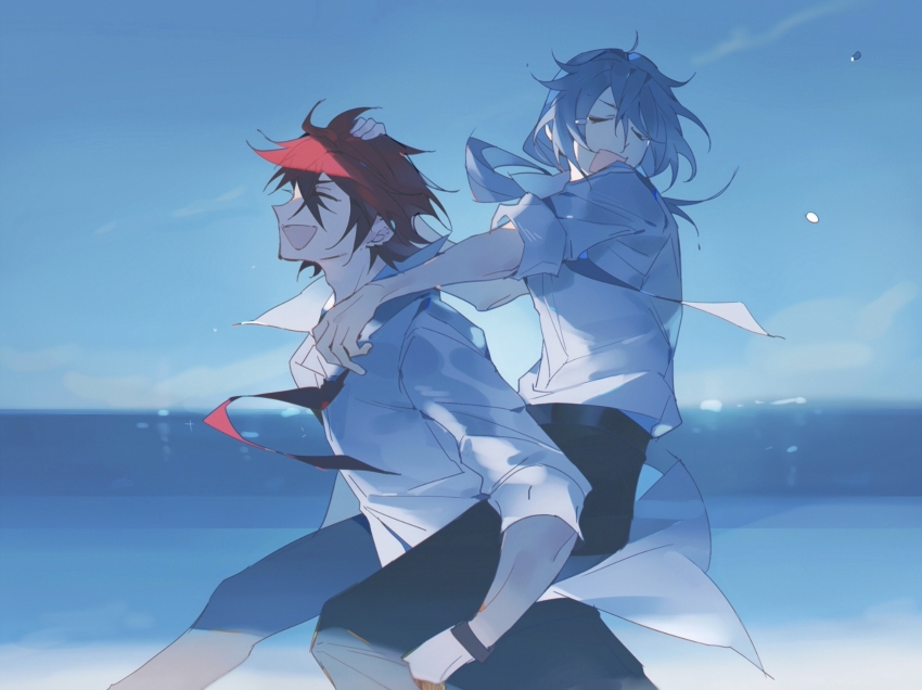 2boys :d amagi_rinne black_pants carrying chinese_commentary closed_eyes commentary_request ensemble_stars! grey_hair highres long_hair male_focus multiple_boys open_mouth outdoors pants piggyback red_hair shiina_niki shirt sleeves_rolled_up smile tie_fei_wu_mang_dashuai white_shirt wristband