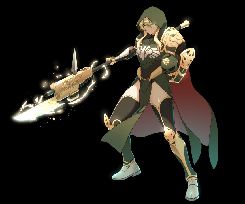 1girl absurdres armor artoria_pendragon_(fate) artoria_pendragon_(lancer)_(fate) blonde_hair bolter breastplate cape crossover fate/grand_order fate_(series) glowing glowing_eyes green_eyes helmet highres hyperbudd lion_el&#039;jonson polearm rhongomyniad_(fate) spear warhammer_40k weapon