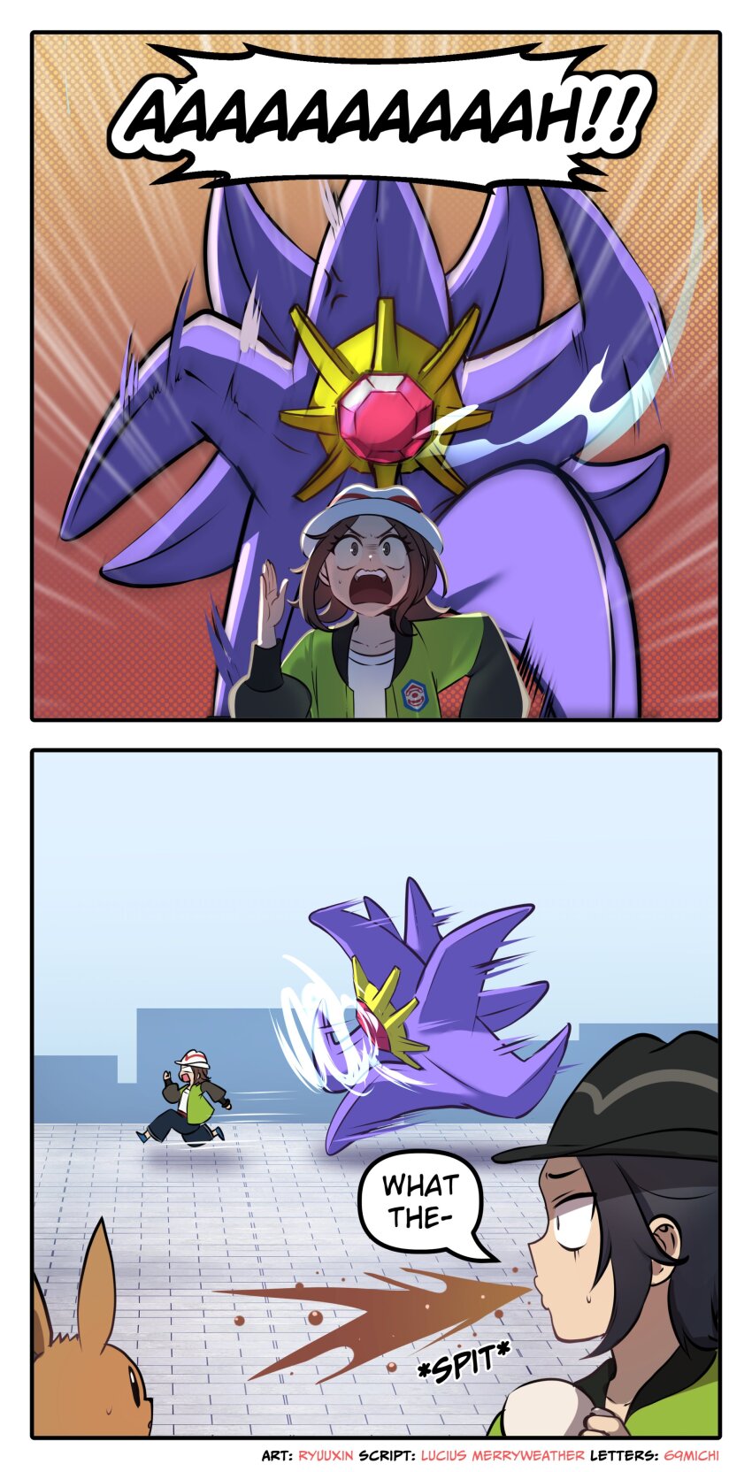! !! 1boy 1girl 2others absurdres brown_hair coffee_mug cup eevee english_text full_body gen_1_pokemon harmony_(pokemon) highres looking_at_another mega_pokemon mega_starmie motion_lines mug multiple_others nintendo paxton_(pokemon) pokemon pokemon_(creature) pokemon_legends:_z-a road running ryuuxin simple_background star_(symbol) starmie street surprised
