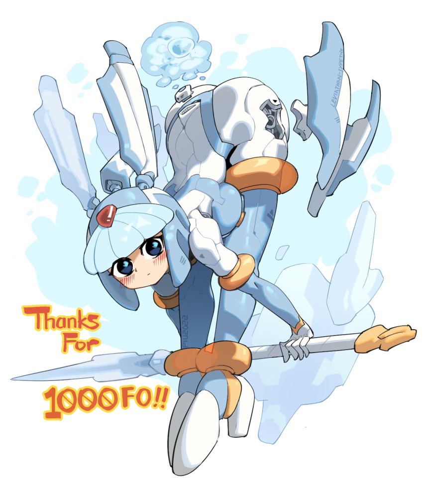 air_bubble andorlier android armor bent_over blue_armor blue_eyes blue_footwear blush boots bubble commentary_request crop_top fairy_leviathan_(mega_man) forehead_jewel helmet high_heel_boots high_heels highres holding holding_polearm holding_weapon joints looking_at_viewer mechabare mega_man_(series) mega_man_zero_(series) milestone_celebration polearm robot_girl robot_joints simple_background spear thigh_boots weapon white_background