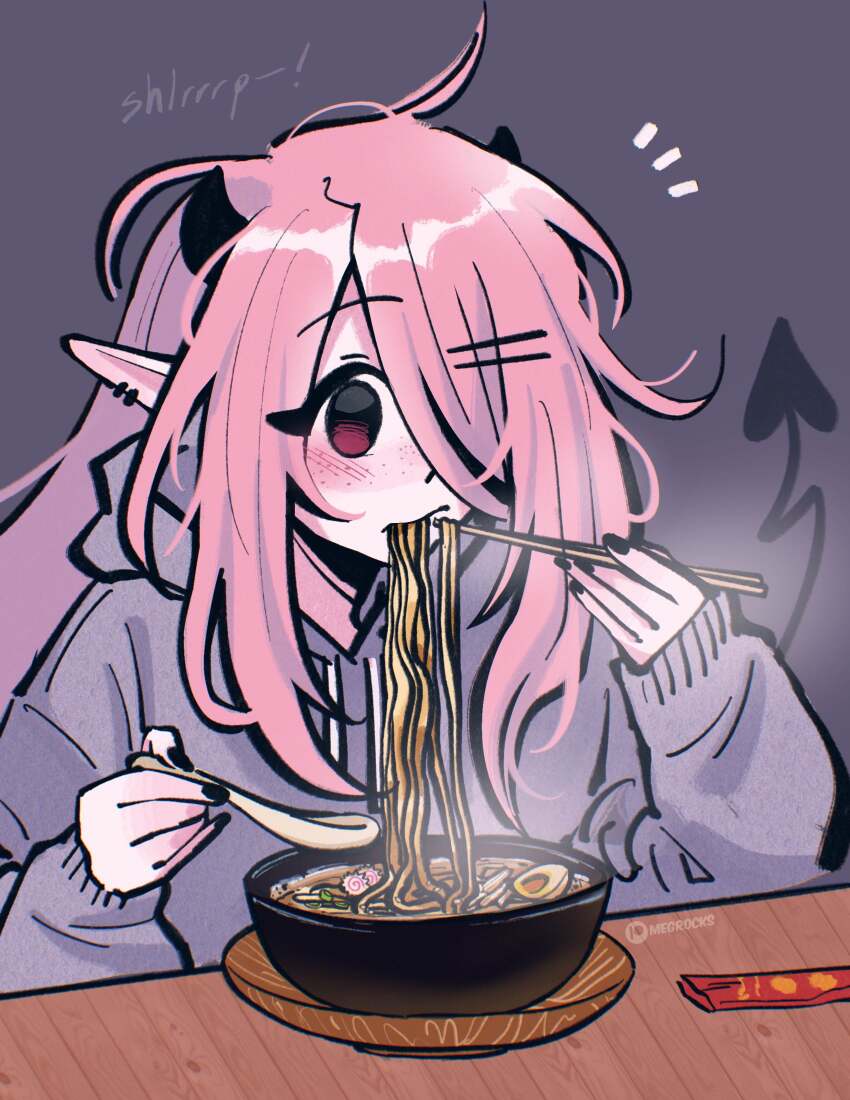 1girl absurdres black_horns black_nails black_tail blush chopsticks commentary demon_girl demon_horns demon_tail ear_piercing earrings eating english_commentary food freckles grey_hoodie hair_over_one_eye highres holding holding_spoon hood hoodie horns jewelry june_(megrocks) long_hair megrocks nail_polish noodles original piercing pink_hair pointy_ears ramen simple_background solo spoon tail upper_body