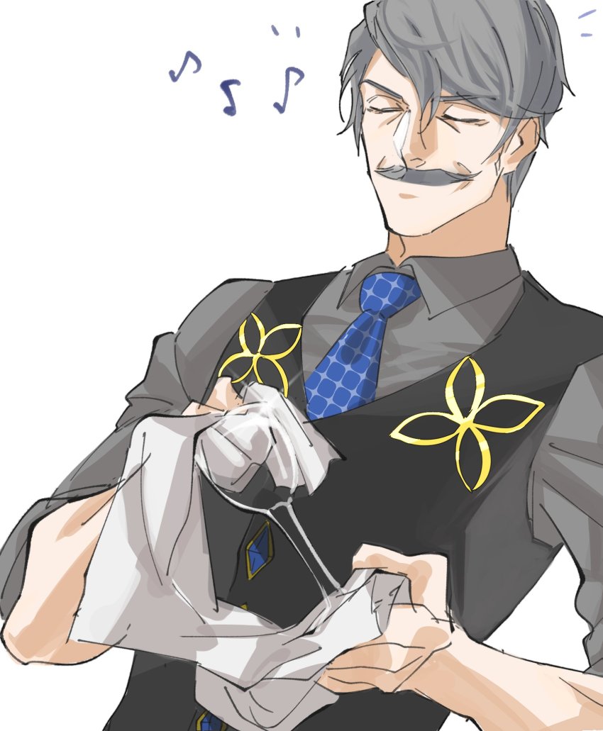 1boy black_vest blue_necktie closed_eyes cup drinking_glass eighth_note facial_hair facing_viewer fate/grand_order fate_(series) grey_hair grey_shirt hair_between_eyes highres james_moriarty_(archer)_(fate) james_moriarty_(gray_collar)_(fate) male_focus musical_note mustache necktie shirt solo towel trstfx_(lina) upper_body vest wine_glass