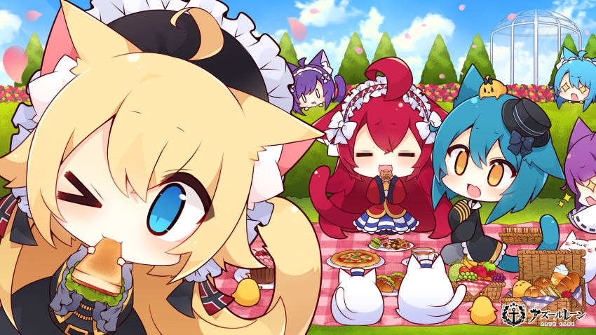 &gt;_o +_+ 6+girls animal_ear_fluff animal_ears antenna_(azur_lane) aqua_hair aqua_tail azur_lane bishamaru_(azur_lane) black_dress black_headwear black_jacket blonde_hair blue_eyes blue_hair cat_ears chibi cookie dress food frilled_hairband frills fruit hair_between_eyes hair_ornament hairband hedge highres jacket justice_(azur_lane) long_hair macaron manjuu_(azur_lane) meowfficer_(azur_lane) multiple_girls muuran official_art one_eye_closed open_mouth oscar_(azur_lane) picnic picnic_basket pizza purple_eyes purple_hair red_hair red_tail sandwich steel_(azur_lane) tail takemaru_(azur_lane) very_long_hair wide_sleeves yellow_tail