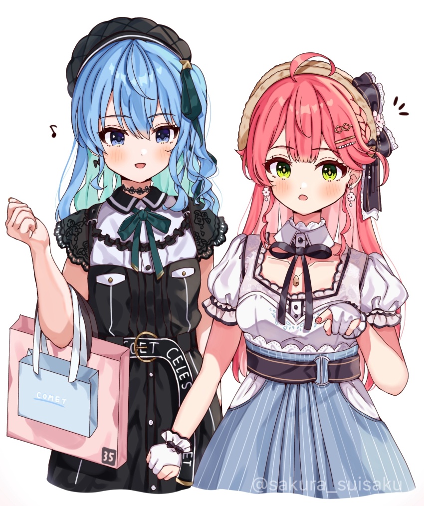 2girls ahoge arm_at_side bag belt beret black_belt black_bow black_choker black_dress black_hat blue_eyes blue_hair blue_skirt blush bow bow_earrings braid breasts choker clenched_hand collarbone collared_dress detached_collar dress earrings flower_earrings frilled_gloves frilled_sleeves frills gloves green_eyes hair_between_eyes hand_up hat hat_ribbon highres holding holding_bag hololive hoshimachi_suisei hoshimachi_suisei_(casual) jewelry lace lace_choker lace_sleeves long_hair looking_at_viewer medium_breasts multiple_girls musical_note neck_ribbon necklace notice_lines o-ring o-ring_belt official_alternate_costume open_mouth partially_fingerless_gloves pink_hair pink_nails pleated_skirt pointing pointing_at_viewer puffy_short_sleeves puffy_sleeves ribbon sakura_(sakura_suisaku) sakura_miko sakura_miko_(street) shopping_bag short_dress short_sleeves simple_background skirt small_breasts smile star_(symbol) star_in_eye straw_hat striped_clothes striped_skirt symbol_in_eye twitter_username vertical-striped_clothes vertical-striped_skirt virtual_youtuber white_background white_dress white_gloves