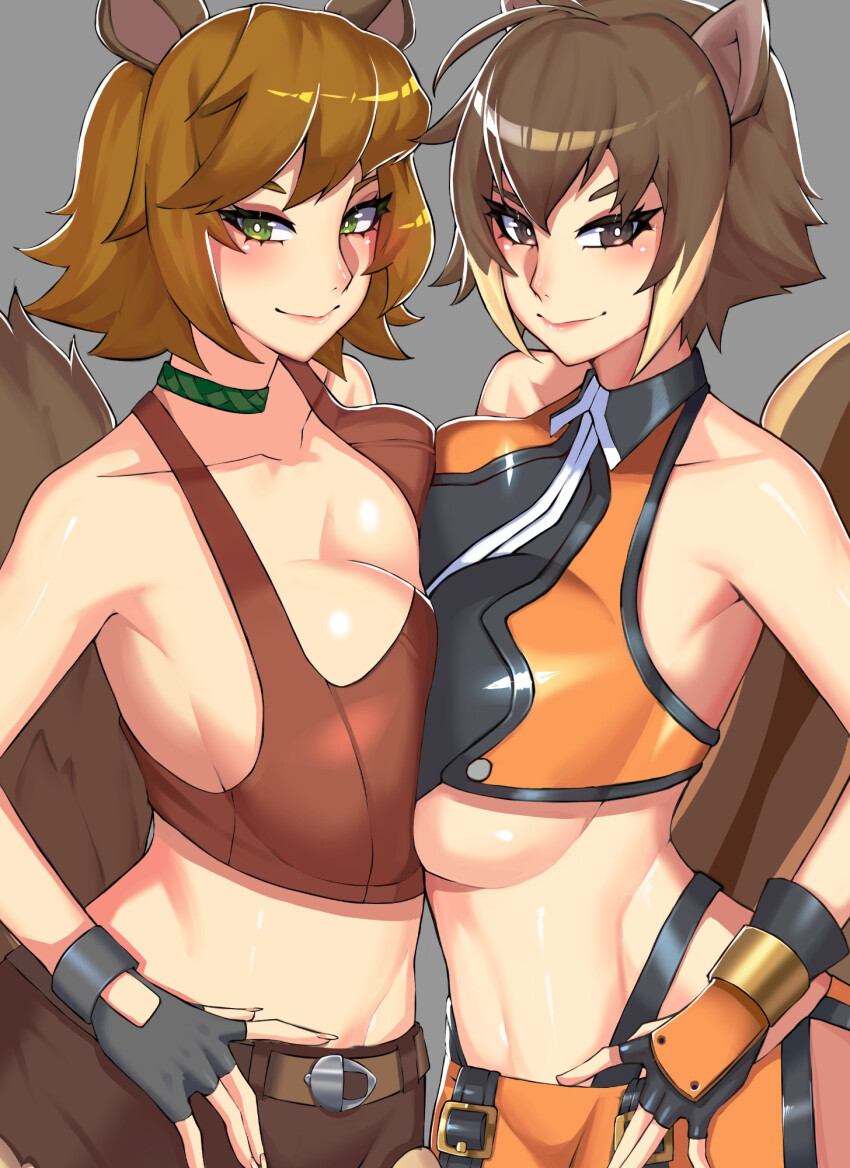 2girls animal_ears bare_shoulders belt blazblue breast_press breasts brown_eyes brown_hair crop_top crossover female_focus fingerless_gloves gloves green_eyes highres k_irvine3 lips looking_at_viewer makoto_nanaya marvel marvel_rivals microskirt multiple_girls short_hair shorts skirt sleeveless squirrel_ears squirrel_girl squirrel_girl_(marvel) squirrel_girl_(marvel_rivals) squirrel_tail tail trait_connection underboob