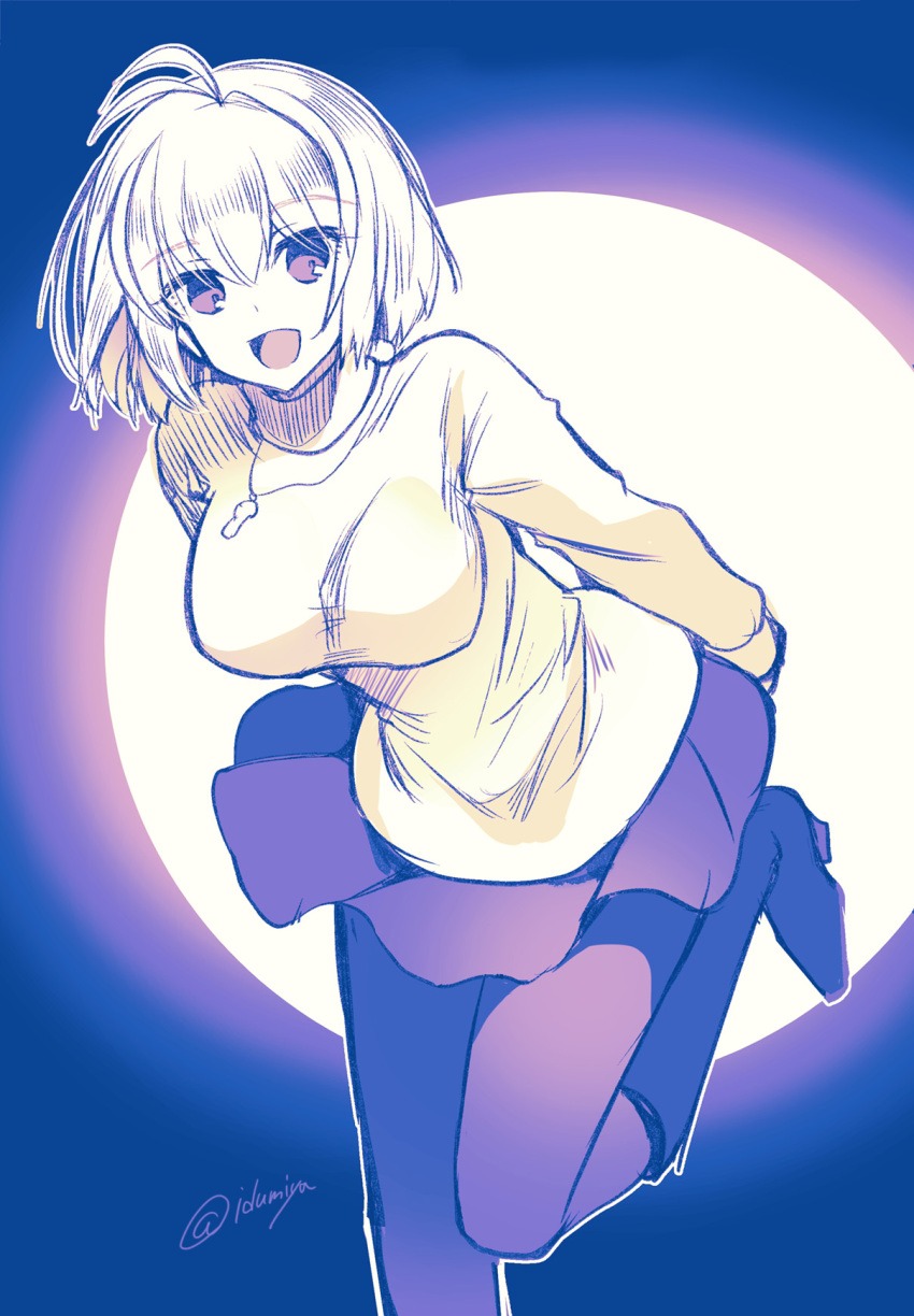 1girl :d ahoge alternate_breast_size arcueid_brunestud arms_behind_back boots breasts floating_clothes floating_hair full_moon highres izumiya_otoha jewelry large_breasts leg_lift looking_at_viewer moon necklace open_mouth pantyhose red_eyes short_hair skirt smile standing standing_on_one_leg sweater tsukihime tsukihime_(remake) turtleneck turtleneck_sweater white_sweater