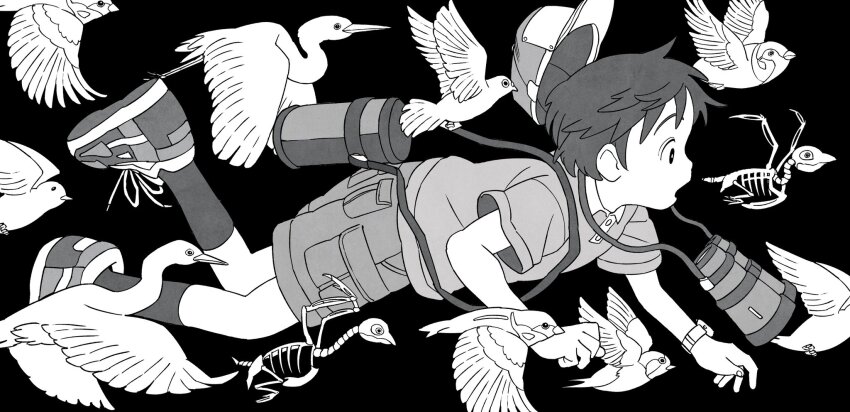 1boy animal_skeleton binoculars bird black_background floating flying greyscale hat heron highres male_focus monochrome onoconokoko0625 open_mouth original pigeon profile shoelaces shoes short_hair short_sleeves shorts simple_background sneakers solo thermos unworn_hat unworn_headwear watch wings wristwatch