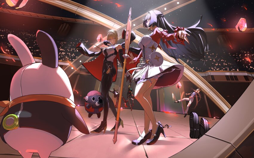2girls absurdres astra_yao audience bangboo_(zenless_zone_zero) bare_shoulders black_gloves black_hair black_pants blonde_hair camera character_request dress elbow_gloves evelyn_chevalier gloves highres long_hair missing_commentary multiple_girls pants shirt short_hair standing white_dress white_shirt yoruta_(yossy_puyo_holo) zenless_zone_zero