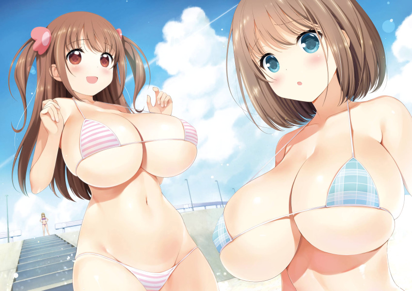 2girls :d :o absurdres bare_arms beach bikini blue_bikini blue_eyes blue_sky breasts brown_eyes brown_hair cleavage cloud collarbone contrail hair_ornament highres huge_breasts kobayashi_ritz lamppost long_hair looking_at_viewer mizuhara_hayari multiple_girls navel official_art open_mouth outdoors pink_bikini railing saki_(manga) short_hair sitting sky smile stairs standing stomach striped_bikini striped_clothes swimsuit underboob unozawa_shiori