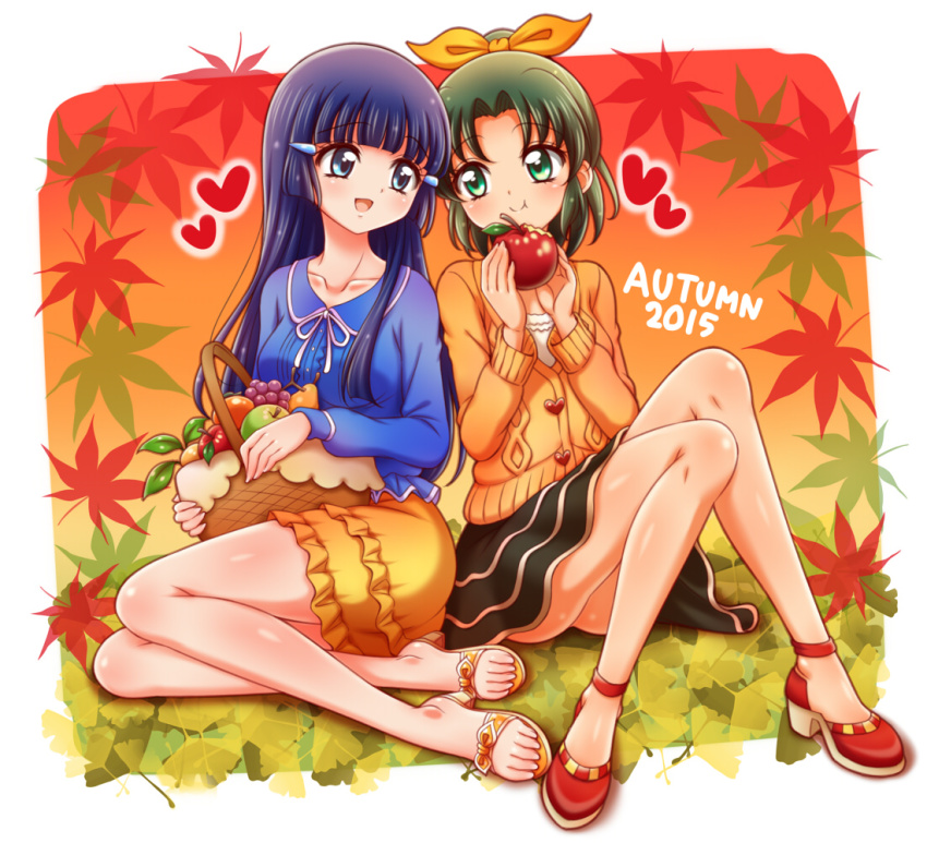2girls aoki_reika apple autumn_leaves bare_legs basket blue_eyes blue_hair blunt_bangs bow collarbone eating food food_bite fruit fruit_basket grapes green_eyes green_hair hair_bow hair_ornament hairpin heart holding holding_basket holding_food holding_fruit kuga_yoshito leaf long_hair looking_at_another midorikawa_nao multiple_girls open_mouth ponytail precure ribbed_sweater sitting skirt smile smile_precure! sweater yellow_bow yellow_sweater yuri