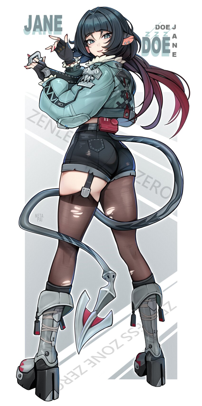 1girl absurdres animal_ears ass black_gloves black_hair black_shorts boots brown_pantyhose brown_thighhighs character_name fingerless_gloves full_body fur-trimmed_jacket fur_trim gloves green_eyes green_jacket grey_boots highres jacket jane_doe_(zenless_zone_zero) looking_at_viewer mouse_ears mouse_girl mouse_tail multicolored_hair nail_polish netapai1 pantyhose parted_lips red_hair red_nails shorts single_leg_pantyhose single_thighhigh smile solo tail thighhighs torn_clothes torn_pantyhose torn_thighhighs two-tone_hair zenless_zone_zero