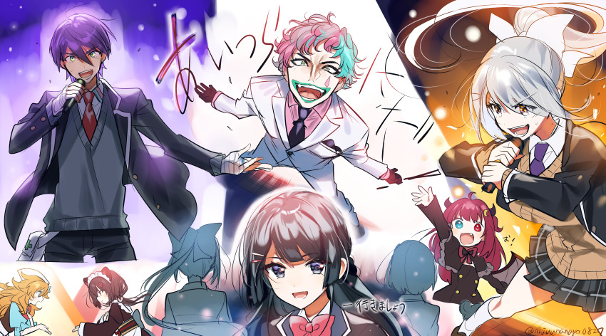 2boys 6+girls :d absurdres arm_up black_capelet black_dress black_gloves black_hair black_jacket black_necktie black_pants blazer blue_eyes blue_hair blue_shirt bow breasts brown_cardigan brown_hair brown_kimono capelet cardigan collared_shirt crescent crescent_hair_ornament dress eyes_visible_through_hair fang flower formal_clothes frilled_capelet frills gloves green_eyes green_lips grey_hair grey_skirt grey_sweater hair_between_eyes hair_bow hair_flower hair_ornament hair_over_one_eye hairclip heterochromia highres higuchi_kaede higuchi_kaede_(1st_costume) inui_toko inui_toko_(1st_costume) jacket japanese_clothes joe_rikiichi joe_rikiichi_(1st_costume) kenmochi_touya kenmochi_touya_(1st_costume) kimono long_sleeves maid maid_headdress medium_breasts multicolored_hair multiple_boys multiple_girls necktie nijisanji ninahachi open_clothes open_jacket open_mouth otogibara_era pants pink_hair pink_shirt plaid_clothes plaid_skirt pleated_skirt ponytail puffy_short_sleeves puffy_sleeves purple_hair red_eyes red_flower red_hair school_uniform shirt shizuka_rin shizuka_rin_(1st_costume) short_sleeves skirt smile socks standing suit sweater translation_request tsukino_mito twitter_username two-tone_hair two_side_up v-shaped_eyebrows virtual_youtuber wa_maid white_bow white_jacket white_pants white_socks yuzuki_roa yuzuki_roa_(1st_costume)