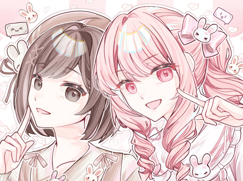 &gt;_&lt; 1girl 1other :d akiyama_mizuki bob_cut bow brown_bow brown_eyes brown_hair brown_shirt chinese_commentary collarbone collared_shirt commentary_request drill_hair drill_ponytail drill_sidelocks finger_to_cheek flower frilled_shirt_collar frills hair_bow hair_intakes hair_ornament hand_up high_ponytail index_finger_raised long_hair long_sleeves looking_at_viewer open_mouth outline pink_background pink_bow pink_eyes pink_hair ponytail portrait project_sekai qitanicheng041 rabbit_hair_ornament shinonome_ena shirt short_hair sidelocks smile spoken_expression swept_bangs two-tone_background white_background white_flower white_outline white_shirt x_hair_ornament
