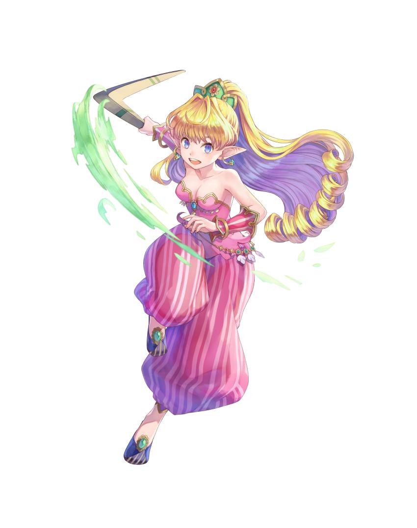 1girl absurdres bare_shoulders blonde_hair blue_eyes boomerang breasts cleavage earrings flipped_hair full_body haccan high_ponytail highres holding holding_weapon jewelry long_hair looking_at_viewer medium_breasts non-web_source official_art open_mouth pointy_ears pointy_footwear ponytail primm_(seiken_densetsu_2) puffy_pants seiken_densetsu seiken_densetsu_2 simple_background solo square_enix teeth upper_teeth_only weapon white_background
