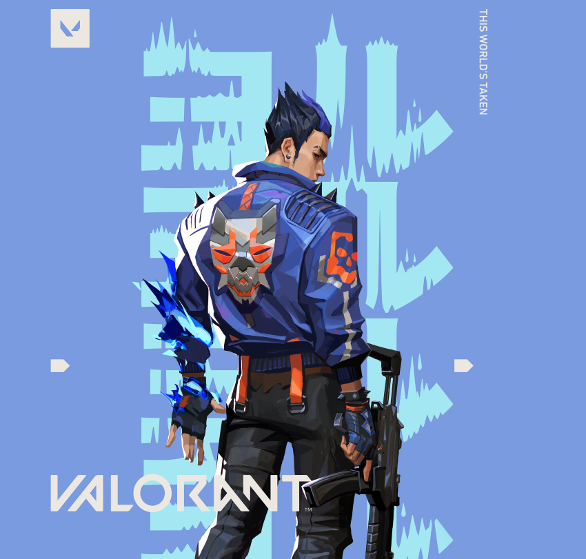 1boy absurdres black_gloves blue_hair blue_jacket brown_eyes commentary copyright_name earrings english_commentary english_text eyebrow_cut gloves gun hair_behind_ear highres holding holding_gun holding_weapon jacket jewelry looking_at_viewer male_focus official_art open_hand snatti solo submachine_gun valorant weapon yoru_(valorant)