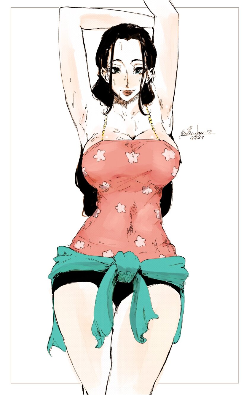 1girl armpits arms_up bare_shoulders black_hair black_shorts bon_drawr breasts camisole closed_mouth commentary cowboy_shot highres large_breasts long_hair looking_at_viewer nico_robin nico_robin_(punk_hazard) one_piece pink_camisole red_lips short_hair shorts simple_background solo sweat symbol-only_commentary twitter_username white_background