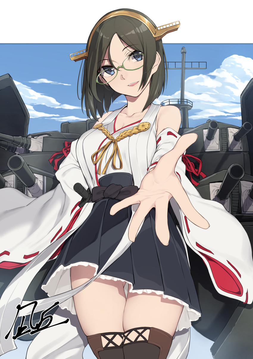1girl absurdres bare_shoulders black_hair breasts commission detached_sleeves glasses green-framed_eyewear hairband headgear highres japanese_clothes kantai_collection kirishima_(kancolle) kirishima_kai_ni_(kancolle) medium_breasts medium_hair nagioka nontraditional_miko open_mouth ribbon-trimmed_sleeves ribbon_trim second-party_source short_hair skirt smile solo