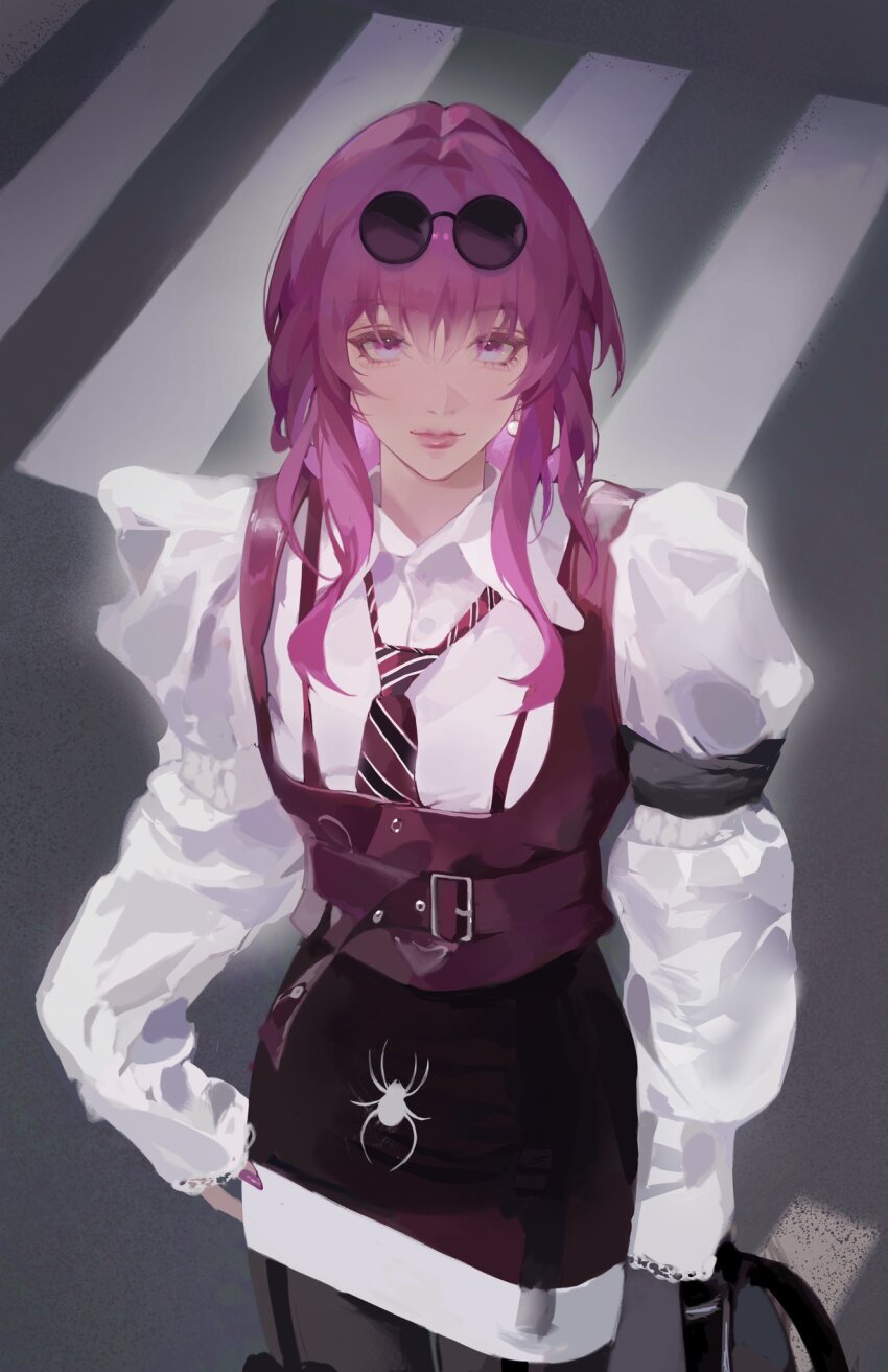 1girl alternate_costume animal_print bag belt collared_shirt crosswalk diagonal-striped_clothes diagonal-striped_necktie eyewear_on_head garter_straps hair_between_eyes highres holding holding_bag honkai:_star_rail honkai_(series) kafka_(honkai:_star_rail) lace-trimmed_sleeves lace_trim light_smile long_hair looking_at_viewer loose_necktie miniskirt nail_polish necktie pantyhose pencil_skirt puffy_sleeves purple_eyes purple_hair red_vest road round_eyewear shirt skirt sleeves_past_wrists spider_print striped_clothes sumi_(suumiko_) sunglasses vest white_shirt
