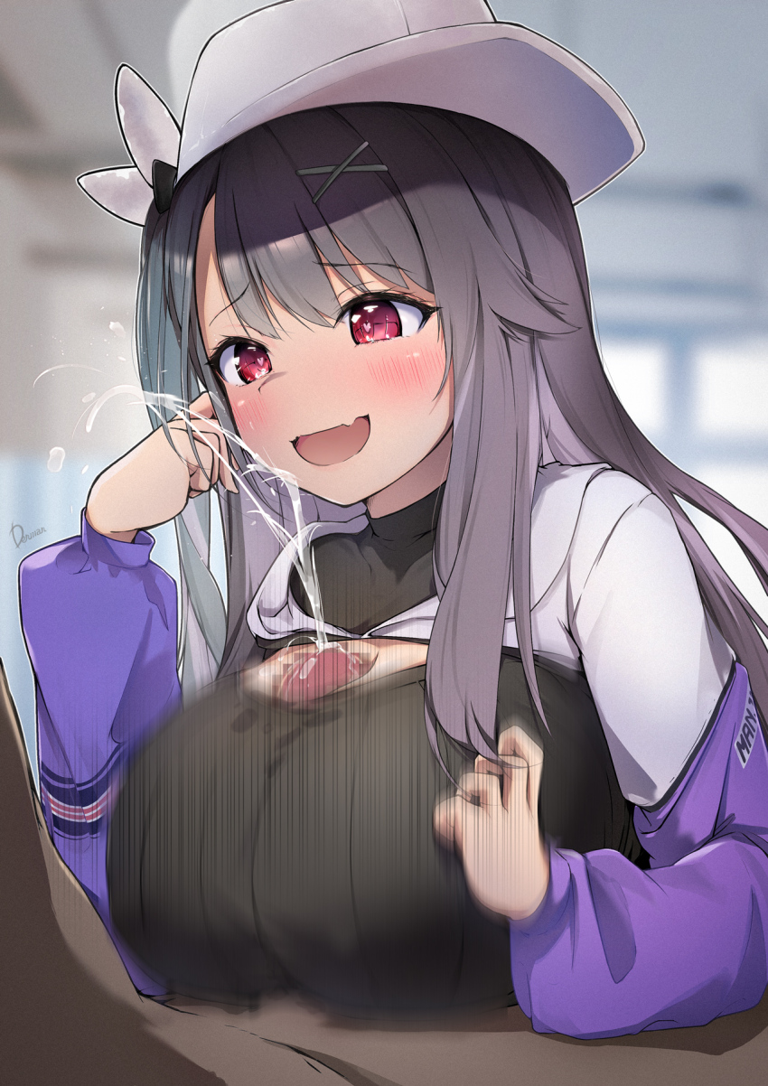 1boy 1girl azur_lane black_hair blush breasts breasts_squeezed_together censored clothed_female_nude_male cum cum_in_clothes cum_on_body cum_through_clothes dermar ejaculation ejaculation_under_clothes fang hat hetero highres large_breasts long_hair long_sleeves nude one_side_up open_mouth paizuri paizuri_under_clothes pamiat_merkuria_(azur_lane) pamiat_merkuria_(chic_and_cheeky)_(azur_lane) penis purple_eyes solo_focus very_long_hair white_headwear