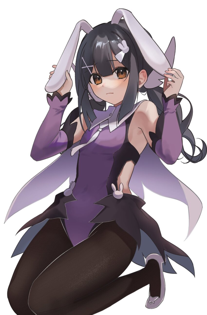 1girl akaneko016 animal_ears bare_shoulders black_hair blush breasts brown_eyes brown_pantyhose cape detached_sleeves fake_animal_ears fate/kaleid_liner_prisma_illya fate_(series) feather_hair_ornament feathers hair_ornament hairclip highres leotard long_hair looking_at_viewer miyu_edelfelt miyu_edelfelt_(magical_girl) pantyhose playboy_bunny purple_leotard purple_sleeves rabbit_ears sidelocks small_breasts solo thighs twintails white_cape