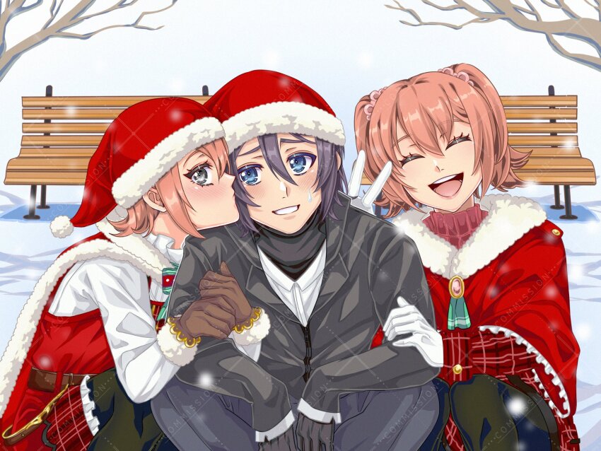 3girls belt bench blue_eyes blush branch brown_gloves closed_eyes coat commentary commission eiyuu_densetsu english_commentary eyelashes falcom fran_seeker fur-trimmed_coat fur_trim gloves grey_eyes hair_between_eyes hat highres hug kiss multiple_girls noel_seeker open_mouth original outdoors red_coat red_sweater santa_hat sitting smile snow sweatdrop sweater teeth turtleneck turtleneck_sweater twintails upper_teeth_only white_gloves wooden_bench yuzukiyo zero_no_kiseki
