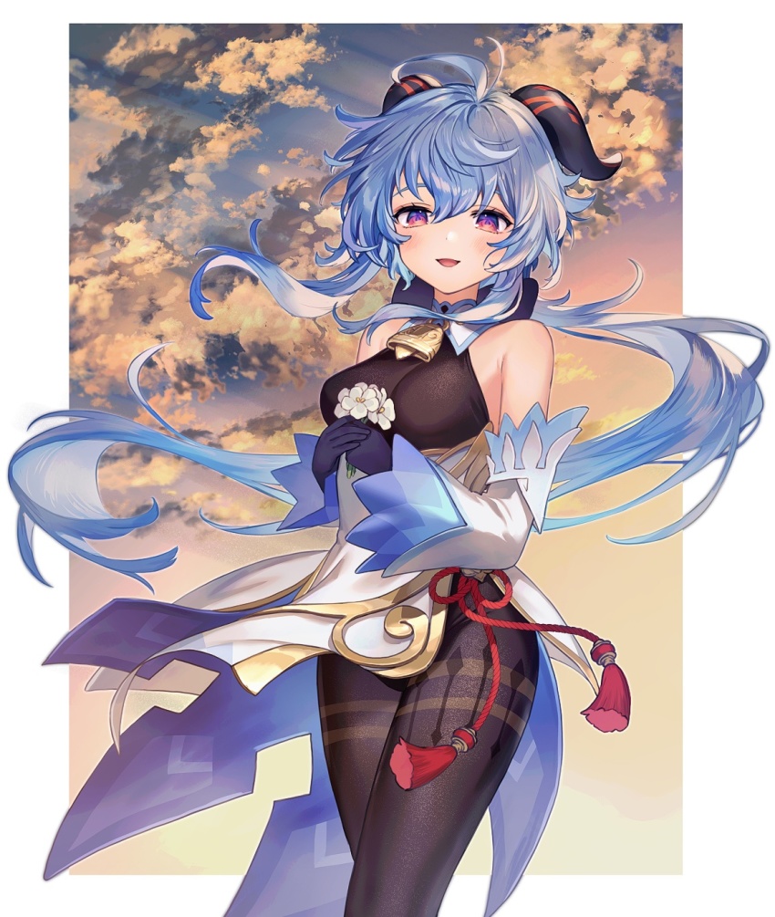 1girl ahoge bad_id bad_twitter_id bare_shoulders bell black_bodysuit black_gloves black_pantyhose blue_hair blush bodysuit breasts colored_tips detached_sleeves flower ganyu_(genshin_impact) genshin_impact gloves goat_horns gold_trim highres holding holding_flower horns jewelry long_hair looking_at_viewer medium_breasts multicolored_hair neck_bell pantyhose purple_eyes qingxin_flower sidelocks smile solo tassel thighlet tsunakawa