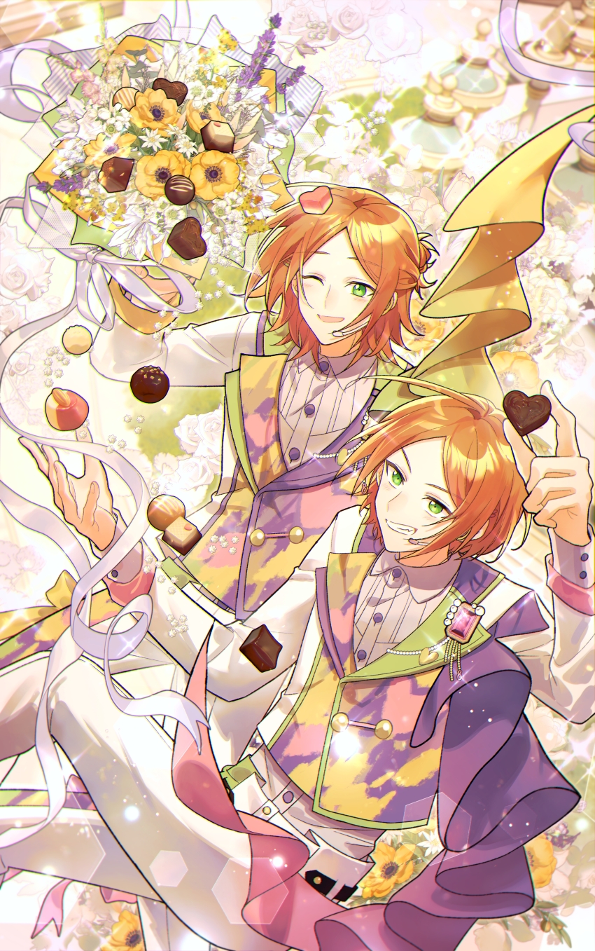 2boys 2wink_(ensemble_stars!) ;d absurdres aoi_hinata aoi_yuta bouquet brothers buttons cake candy chocolate chocolate_heart closed_mouth cookie ensemble_stars! flower food gift green_eyes hair_ornament heart heart-shaped_food heart_hair_ornament highres holding long_sleeves looking_at_viewer male_focus medium_hair multiple_boys one_eye_closed open_mouth orange_hair pants parted_bangs ribbon rose shirt short_hair siblings smile sunflower twins vest white_flower white_pants white_shirt xi_yuu yellow_flower