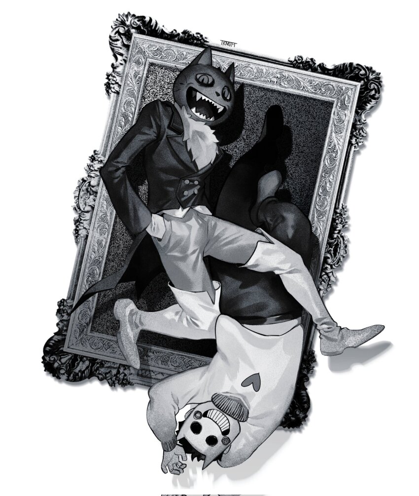 2boys artist_name boots buttons cat_mask coat commentary crossover double-breasted english_commentary fear_&amp;_hunger fear_&amp;_hunger_2:_termina full_body fur_trim greyscale hands_in_pockets hanstrmoft highres long_sleeves looking_at_viewer mask monochrome multiple_boys off_(game) pants picture_frame pocketcat_(fear_&amp;_hunger) simple_background sweater tailcoat thigh_boots upside-down white_background zacharie_(off)