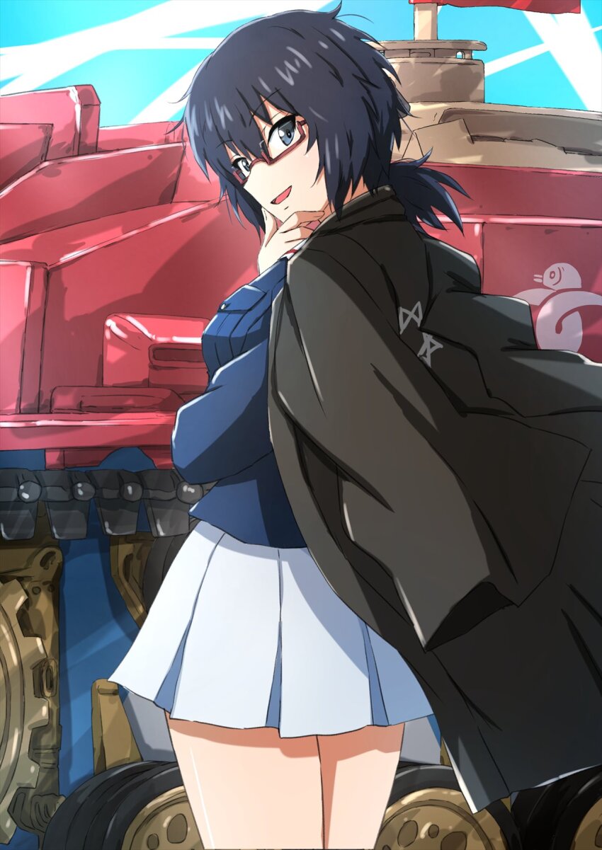 black_eyes black_hair blue_jacket girls_und_panzer glasses hair_between_eyes hand_on_own_chin haori head_tilt highres jacket jacket_on_shoulders japanese_clothes military_jacket military_vehicle motor_vehicle omachi_(slabco) ooarai_military_uniform open_mouth oryou_(girls_und_panzer) pleated_skirt ponytail skirt stug_iii tank white_skirt