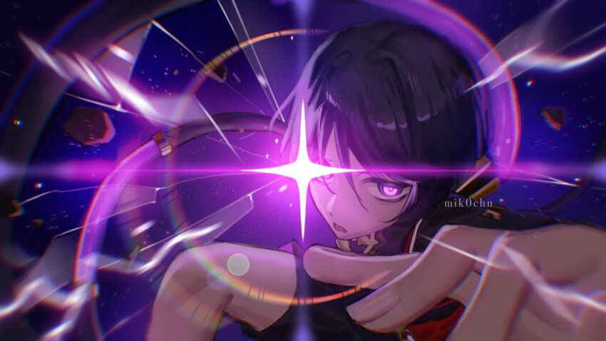 1boy artist_name black_bodysuit black_hair black_kimono black_shorts blunt_ends bodysuit cable facing_viewer fingernails genshin_impact highres incoming_attack japanese_clothes kimono knee_up looking_at_viewer male_focus mik0chn open_clothes open_kimono open_mouth purple_background purple_eyes red_trim rock scaramouche_(genshin_impact) shorts solo sparkle sparkling_eyes white_trim