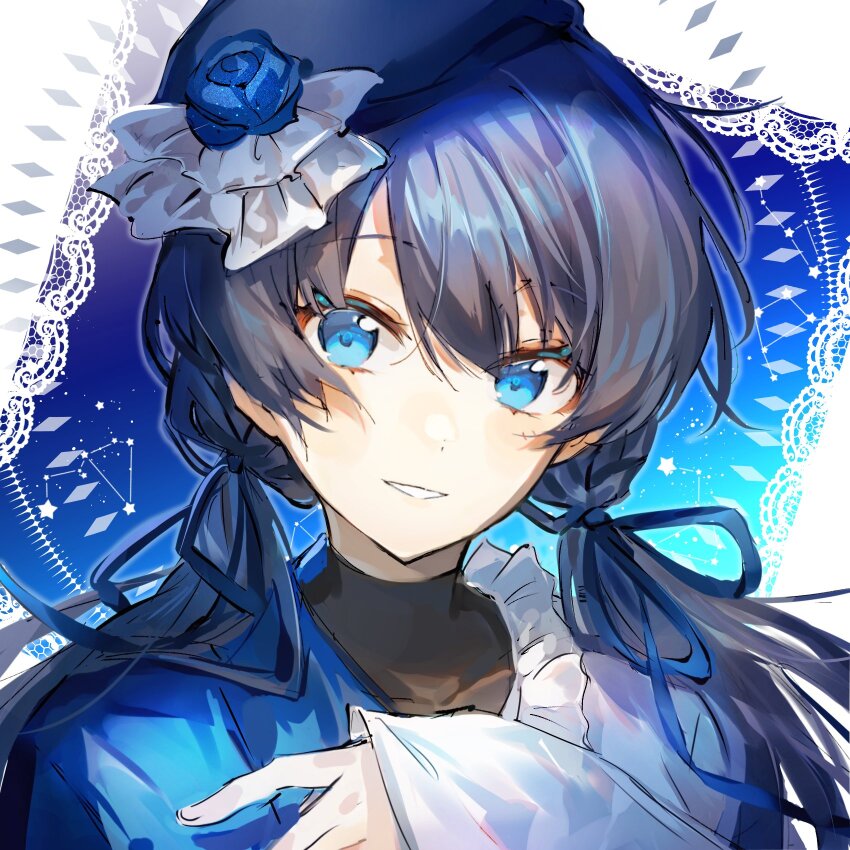 1girl beret blue_background blue_eyes blue_hair blue_hat blue_jacket blue_ribbon border collarbone commentary_request constellation_request dark_blue_hair dress grin hair_ribbon haitsuki half-jacket hat highres jacket lace lace_border ladybug_(love_live!) link!_like!_love_live! long_hair long_sleeves love_live! low_twintails murano_sayaka official_alternate_costume ornate_border outside_border portrait ribbon sleeves_past_wrists smile solo twintails virtual_youtuber white_border white_dress