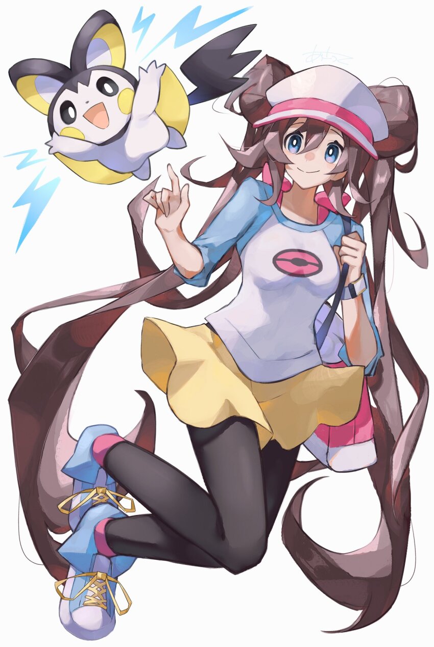 1girl asatte_3z bag black_pantyhose blue_eyes blue_sleeves bow bright_pupils brown_hair closed_mouth donut_hair_bun double_bun emolga full_body gen_5_pokemon hair_bun handbag highres long_hair looking_at_viewer nintendo open_mouth pantyhose pantyhose_under_shorts pink_bow pink_socks poke_ball_print pokemon pokemon_(creature) pokemon_bw2 raglan_sleeves rosa_(pokemon) shirt shoes short_shorts shorts simple_background smile sneakers socks twintails very_long_hair visor_cap white_background white_pupils white_shirt yellow_shorts
