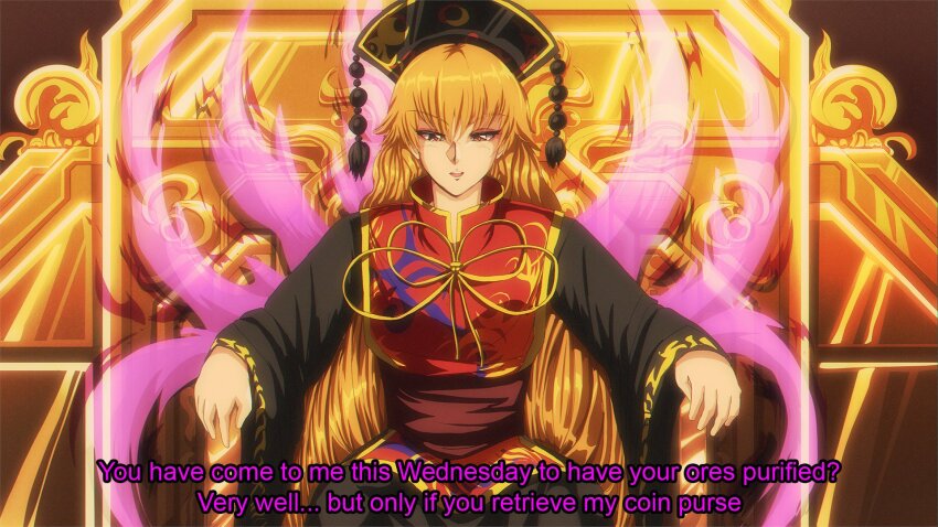 1990s_(style) 1girl belt black_dress black_hat blonde_hair bow bowtie brown_background brown_belt chinese_clothes commentary crescent crescent_print dress energy english_commentary english_text hair_between_eyes hat highres junko_(touhou) junko_day long_hair long_sleeves looking_at_viewer mandarin_collar open_mouth phoenix_crown pom_pom_(clothes) red_eyes red_tabard retro_artstyle simple_background sitting solo step_arts tabard tassel teeth throne tongue touhou wide_sleeves yellow_bow yellow_bowtie