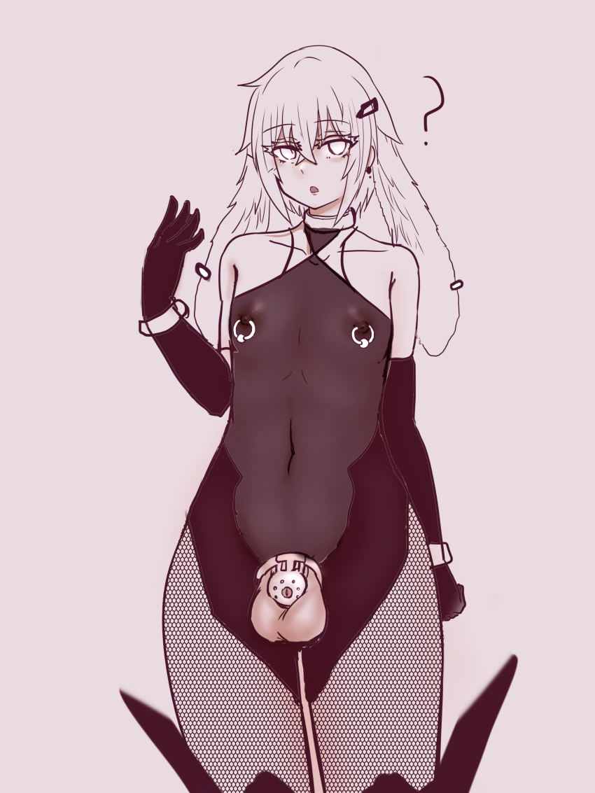 1boy absurdres animal_ear_piercing animal_ears ansel_(arknights) arknights chastity_cage fishnets floppy_ears hair_between_eyes highres leotard limited_palette long_hair looking_at_viewer lop_rabbit_ears male_focus nipple_piercing open_mouth piercing rabbit_boy rabbit_ears see-through_clothes small_penis solo testicles trap white_eyes wrist_cuffs yoyty