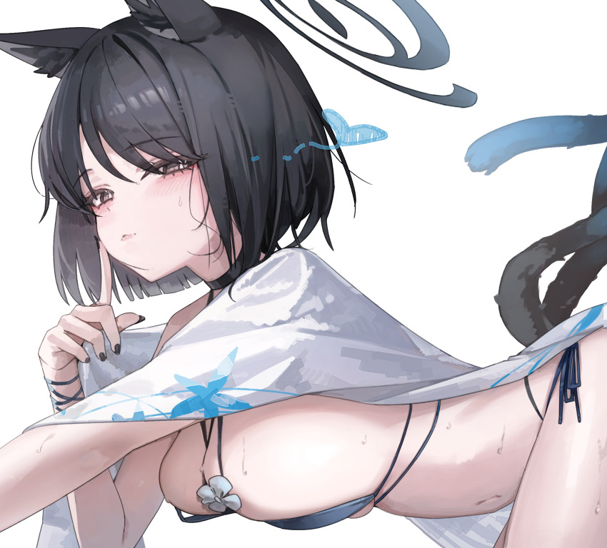 1girl animal_ear_fluff animal_ears bakeneko bikini black_eyes black_nails black_tail blue_archive blue_bikini blue_halo blue_tail blush breasts cat_ears cat_girl cat_tail closed_mouth commentary_request criss-cross_straps fingernails from_side gradient_tail halo highres jun_daniell kikyou_(blue_archive) kikyou_(swimsuit)_(blue_archive) layered_bikini looking_at_viewer medium_breasts multi-strapped_bikini_bottom multiple_tails nail_polish official_alternate_costume short_hair sideboob simple_background solo swimsuit tail two_tails white_background