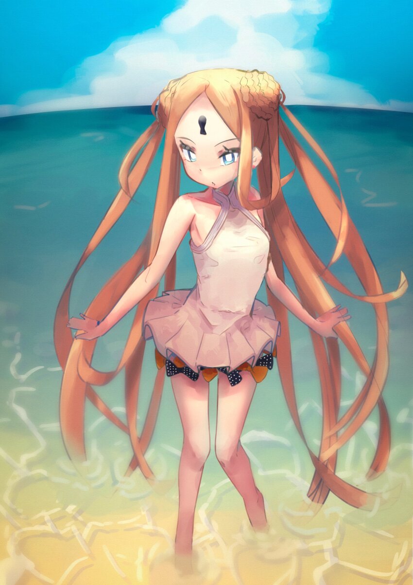 1girl abigail_williams_(fate) abigail_williams_(swimsuit_foreigner)_(fate) abigail_williams_(swimsuit_foreigner)_(second_ascension)_(fate) absurdres bare_shoulders black_bow blonde_hair blue_eyes blue_sky blush bow braid braided_bun breasts deko_morii double_bun dress_swimsuit fate/grand_order fate_(series) forehead hair_bun hat highres keyhole long_hair looking_at_viewer ocean one-piece_swimsuit orange_bow parted_bangs shore sidelocks sky small_breasts solo swimsuit thighs twintails very_long_hair white_hat white_one-piece_swimsuit