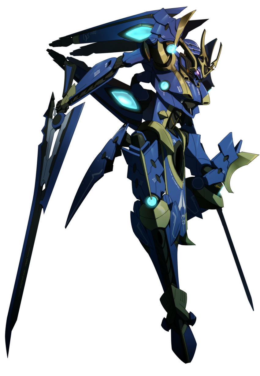 dual_wielding head_tilt highres holding ikaruga_(knight&#039;s_&amp;_magic) knight&#039;s_&amp;_magic looking_at_viewer mecha no_humans red_eyes robot solo sts v-fin white_background