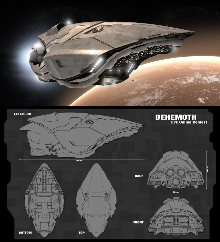3d absurdres amarr_empire_(eve_online) autodesk_3ds_max_(medium) battleship_(eve_online) bug carrier reference_sheet commentary concept_art eve_online flying from_side glowing hangar highres in_orbit military_vehicle multiple_views no_humans original outdoors photoshop_(medium) planet realistic science_fiction shoc86 sky space spacecraft star_(sky) starfighter starry_sky thrusters vehicle_focus