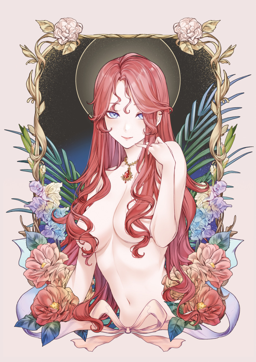 1girl blue_eyes blush breasts carrot_(robosquat) flower gem hair_censor hair_over_breasts highres jewelry linea_alba long_hair looking_at_viewer medium_breasts navel necklace nude original parted_lips plant playing_with_own_hair red_gemstone red_hair smile solo upper_body very_long_hair vines
