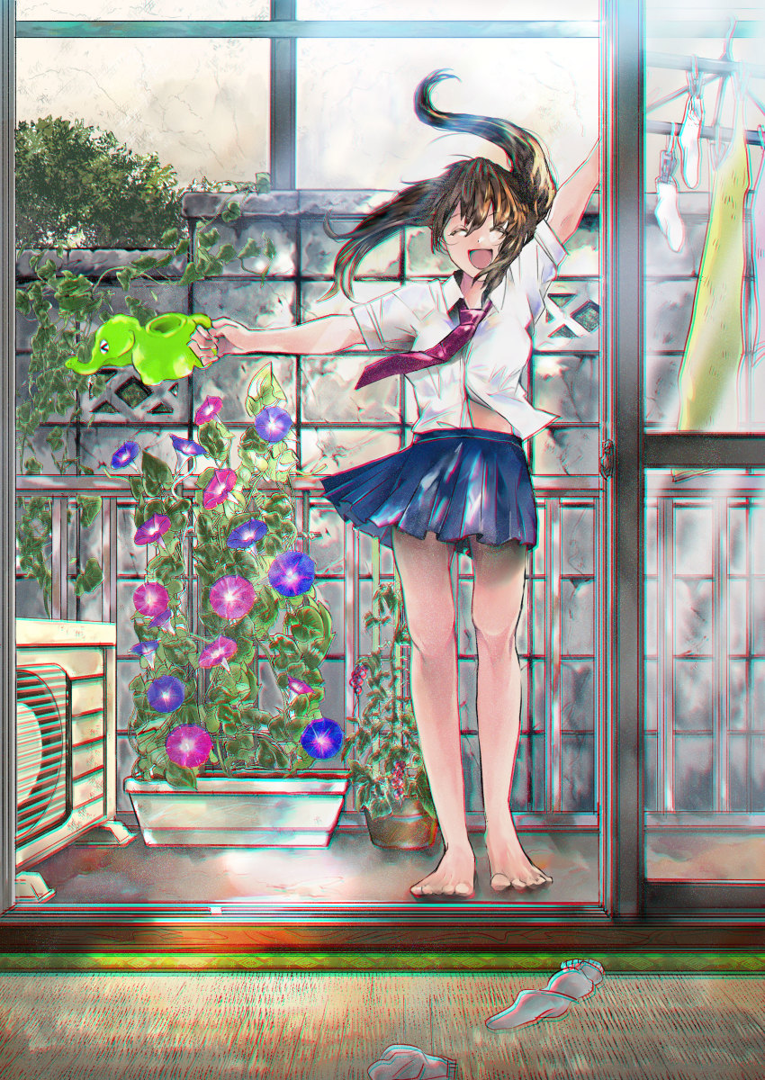 1girl absurdres arm_up barefoot blue_skirt brown_hair chromatic_aberration closed_eyes clothes_hanger day electric_fan facing_viewer female_focus flower flower_box full_body heavy_chromatic_aberration highres laundry long_hair morning_glory original plant potted_plant railing rika_syakai school_uniform shirt skirt smile socks solo standing unworn_socks watering_can white_shirt