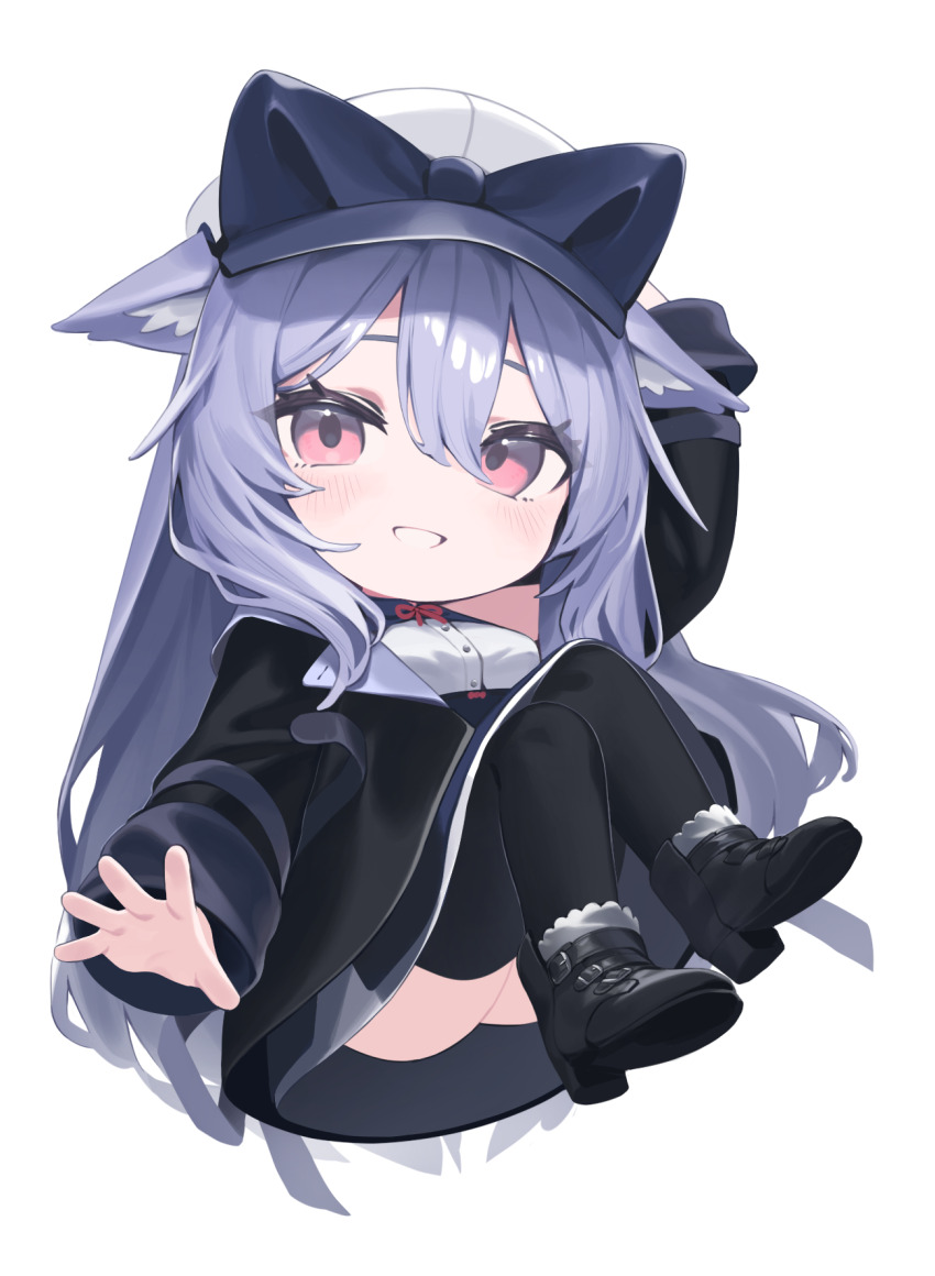 1girl animal_ear_fluff animal_ears arm_up ass black_jacket black_shoes black_thighhighs blue_bow blue_hair blush boots bow breasts cat_ears chibi full_body fur_trim grin hair_between_eyes hand_on_headwear hat hat_bow highres jacket kikyo_(vrchat) long_hair long_sleeves looking_at_viewer medium_breasts open_clothes open_jacket pink_eyes ponderogen purple_hair red_eyes shirt shoes simple_background skirt smile solo thighhighs transparent_background very_long_hair vrchat white_background white_shirt