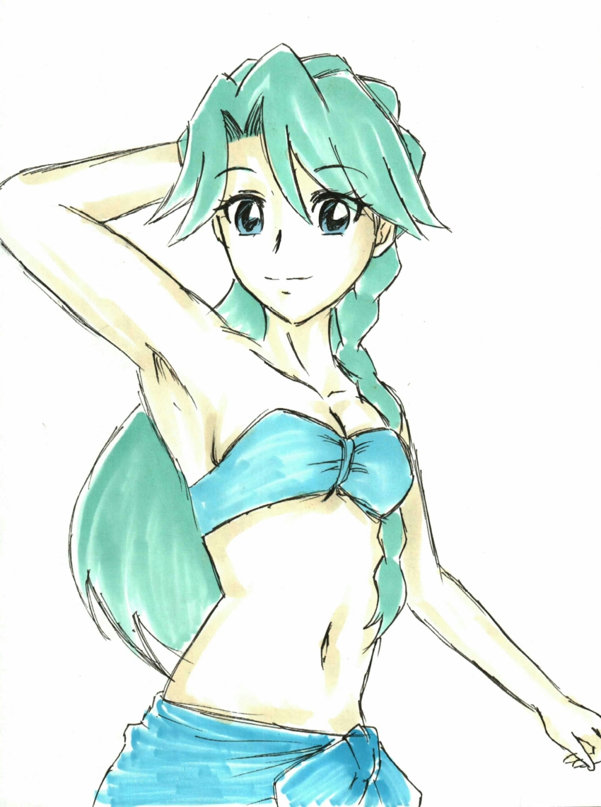 absurdres aqua_bikini bikini go!_princess_precure highres kaidou_minami midriff okian_minami pelvic_curtain precure sarong swimsuit upper_body