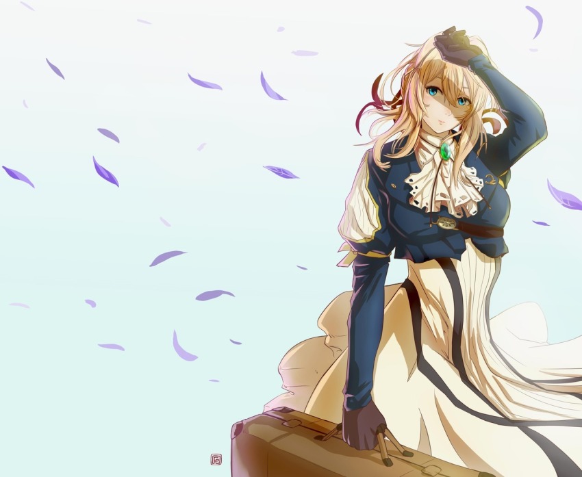 1girl artist_logo black_gloves blonde_hair blue_eyes dress feindall gem gloves green_brooch green_gemstone hair_ribbon holding_case juliet_sleeves logo long_sleeves puffy_sleeves red_ribbon ribbon solo violet_evergarden violet_evergarden_(series) weather white_dress wind