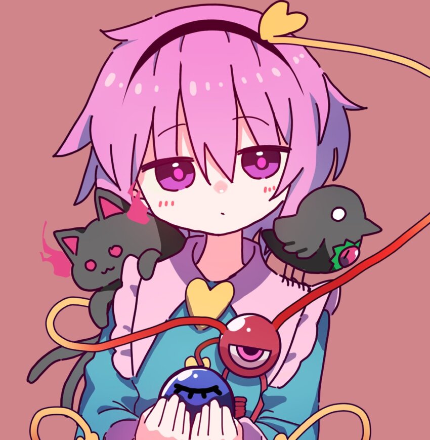 1girl 9302w_(user_wjpg8475) bird black_hairband blue_shirt buttons cat closed_mouth hairband heart_button highres holding_eyeball kaenbyou_rin kaenbyou_rin_(cat) komeiji_satori looking_at_viewer pink_background pink_eyes reiuji_utsuho shirt simple_background solo third_eye touhou upper_body white_eyes