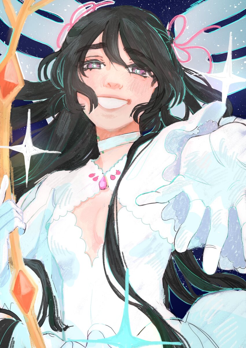 1girl absurdres alien_stage choker commentary cosplay dress english_commentary gloves hair_ribbon highres holding kaname_madoka long_hair mahou_shoujo_madoka_magica nikepurin outstretched_arm pink_ribbon purple_eyes ribbon smile solo space staff star_(sky) sua_(alien_stage) ultimate_madoka ultimate_madoka_(cosplay) upper_body very_long_hair white_choker white_dress white_gloves white_wings wings