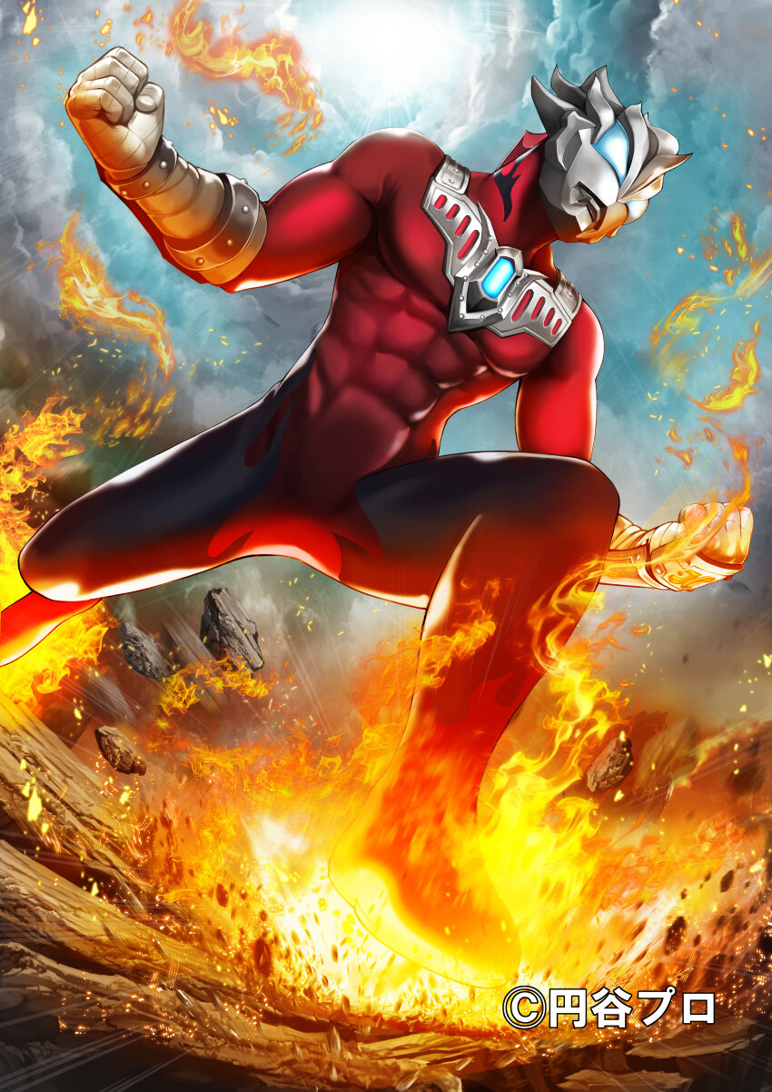 1boy abs absurdres alien armor black_skin blue_eyes blue_sky breastplate clenched_hands cloud cloudy_sky color_timer colored_skin commentary company_name compound_eyes copyright_notice day debris dorsal_fin feelone fire flaming_foot from_below full_body giant glowing glowing_eyes ground_shatter highres knee_up large_pectorals looking_ahead male_focus multicolored_skin muscular muscular_male outdoors pectorals pyrokinesis red_skin running silver_skin sky solo studded_armor tokusatsu ultra_series ultraman_geed ultraman_geed_(le-over_fist) ultraman_geed_(series)