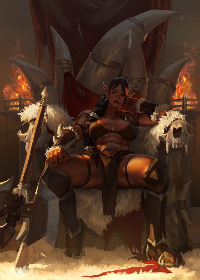1girl abs absurdres armor axe battle_axe black_hair boots brazier brown_eyes dark_skin earrings fur_trim gara&#039;ha_ironbane greaves highres jewelry leaning_back loincloth long_braid looking_at_viewer lyna-zf muscular muscular_female orc pointy_ears shoulder_tattoo sitting_on_throne skull smile tattoo throne_room tusks undercut warcraft weapon world_of_warcraft
